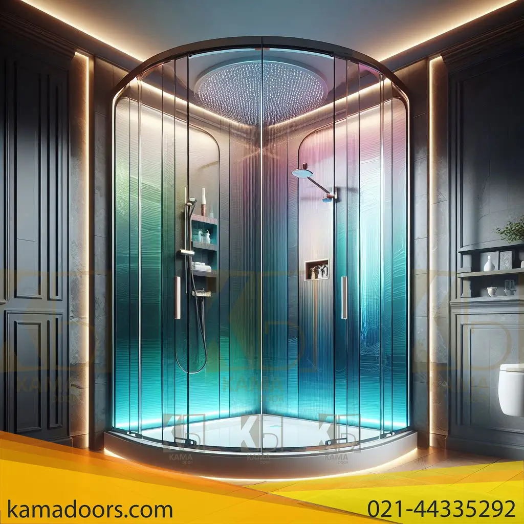 کابین دوش شیشه ای رنگی کامادر که با دو رنگ صورتی و آبی ترکیب شده است. از بالا به پایین به ترتیب رنگ صورتی کمرنگ شده و رنگ‌ آبی قالب شده است.