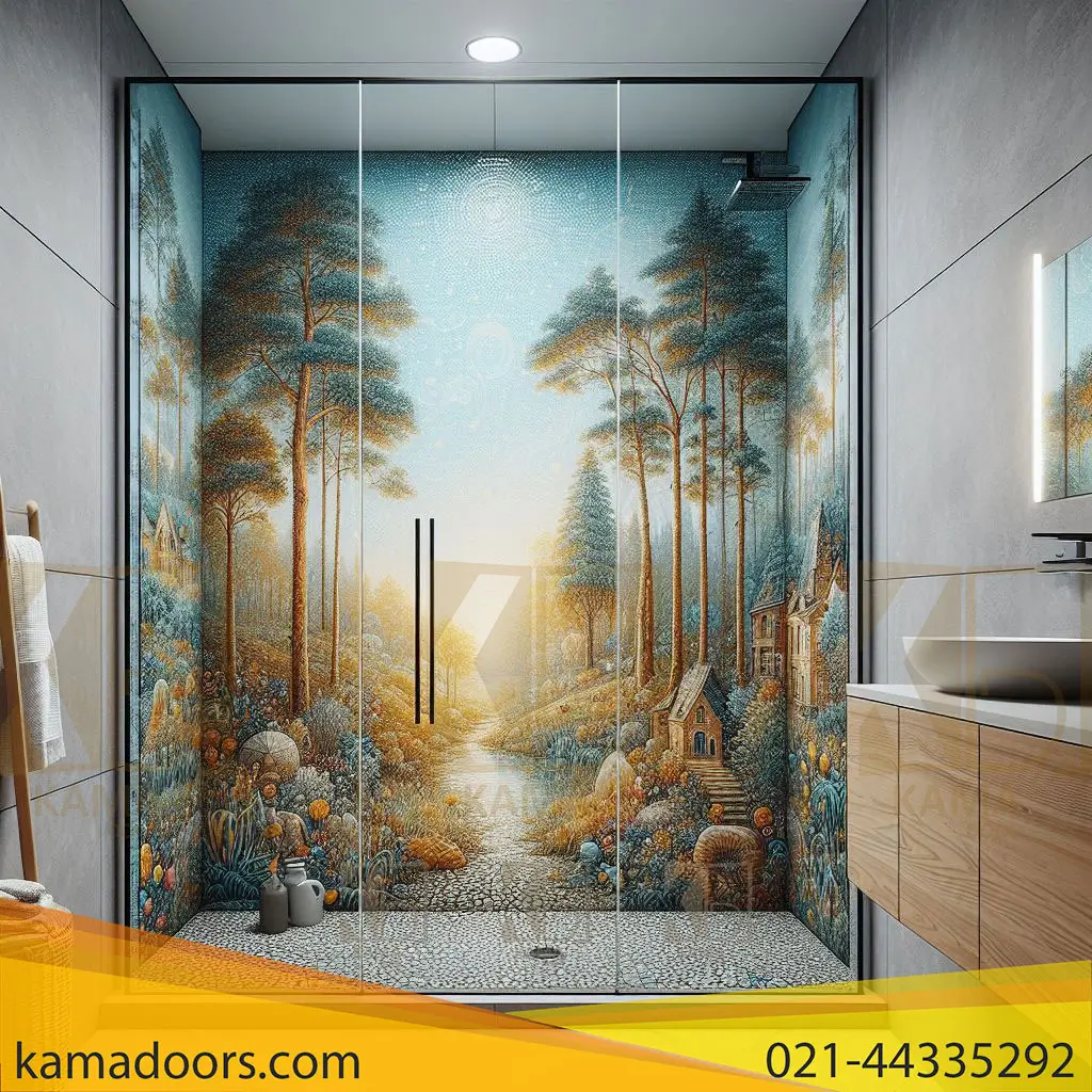 کابین دوش شیشه ای چاپی کامادر با طرحی از فصل پاییز را نشان می دهد.