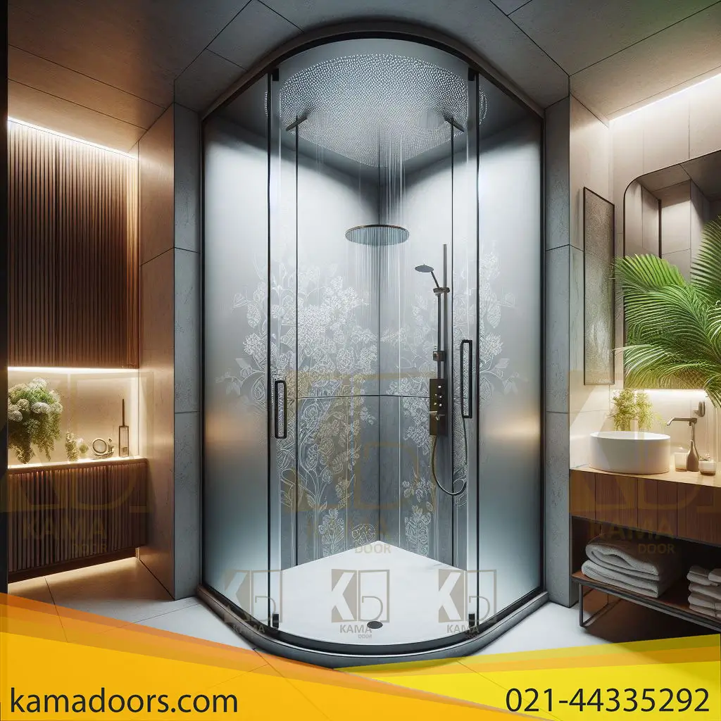 پارتیکابین دوش شیشه ای سندبلاست شده کامادر که با طرحی از گل ها در کنار همدیگر طراحی شده است.