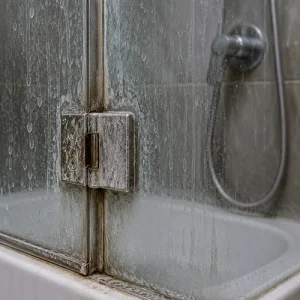 شیشه حمام آسیب‌دیده در اثر استفاده از شوینده نامناسب و اسکاچ زبر